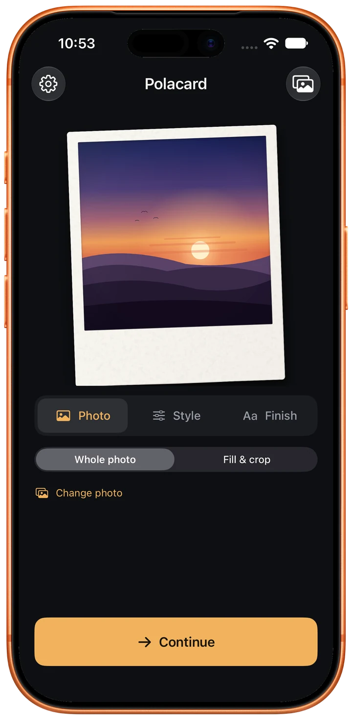 The Polacard editor with Photo, Style, and Finish steps