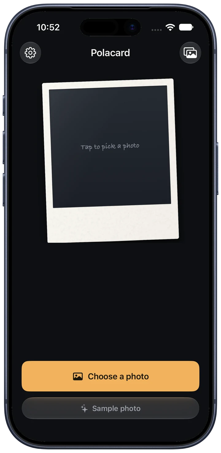 Polacard start screen with an empty instant print